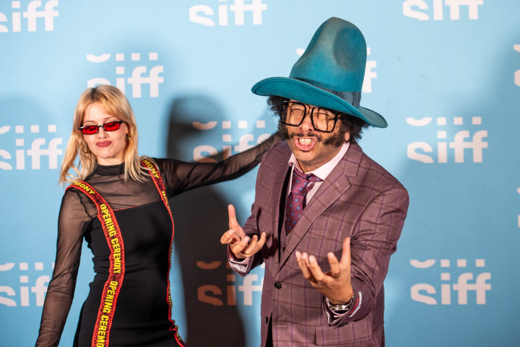 Boots Riley and SIFF Programming Manager Megan Leonard on the SIFF Opening Night Red Carpet, 5/7/2026. Photo by Morgen Schuler. 